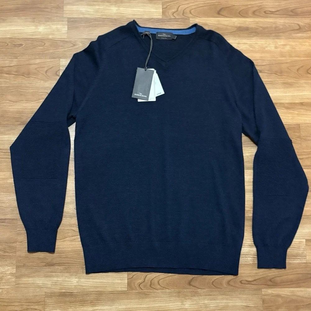 Rodd & Gunn Men Italian Yarn 100% Fine Merino Wool Sweater Navy Blue Large FLAW